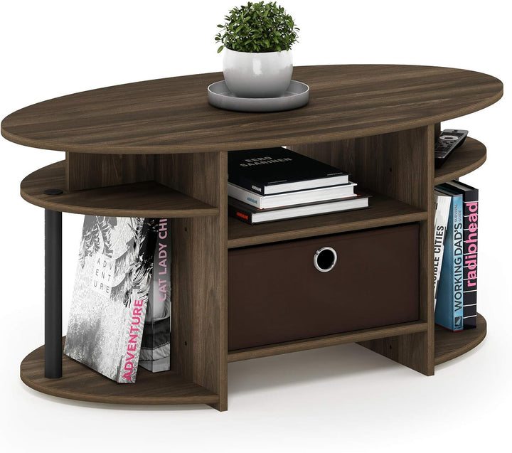 Furinno Jaya Simple Design Oval Coffee Table with Storage Bin, Columbia Walnut/Black/Dark Brown