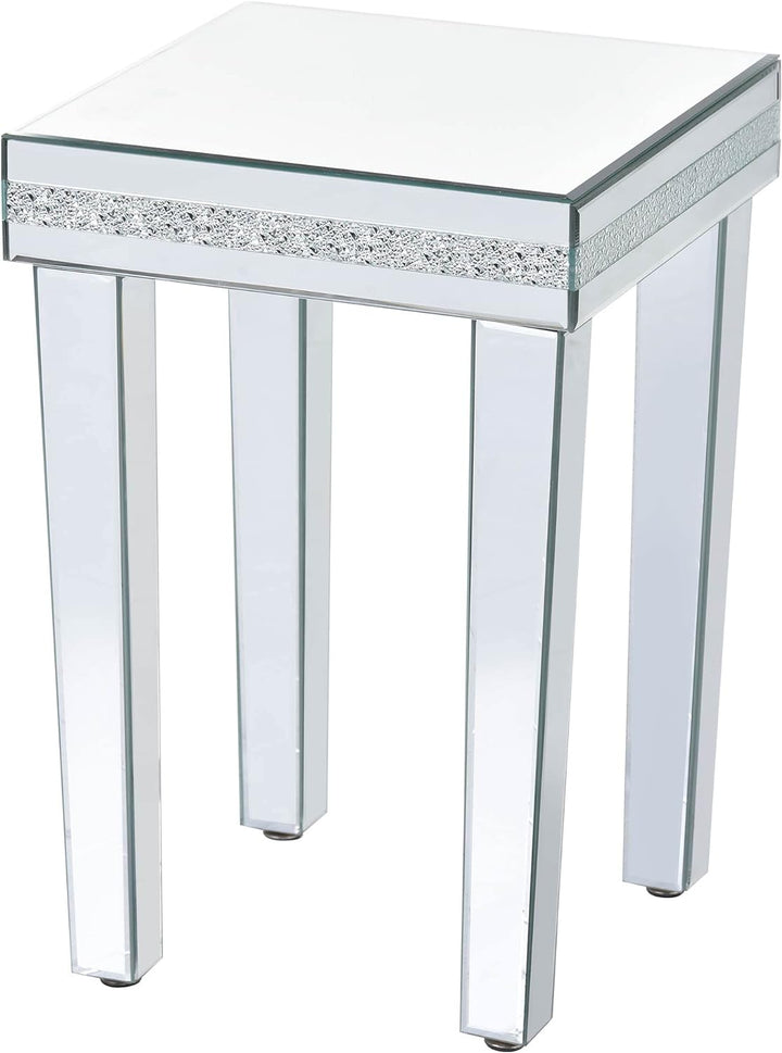 Modern Glass Mirrored Side Table with Crystal Design, Silver