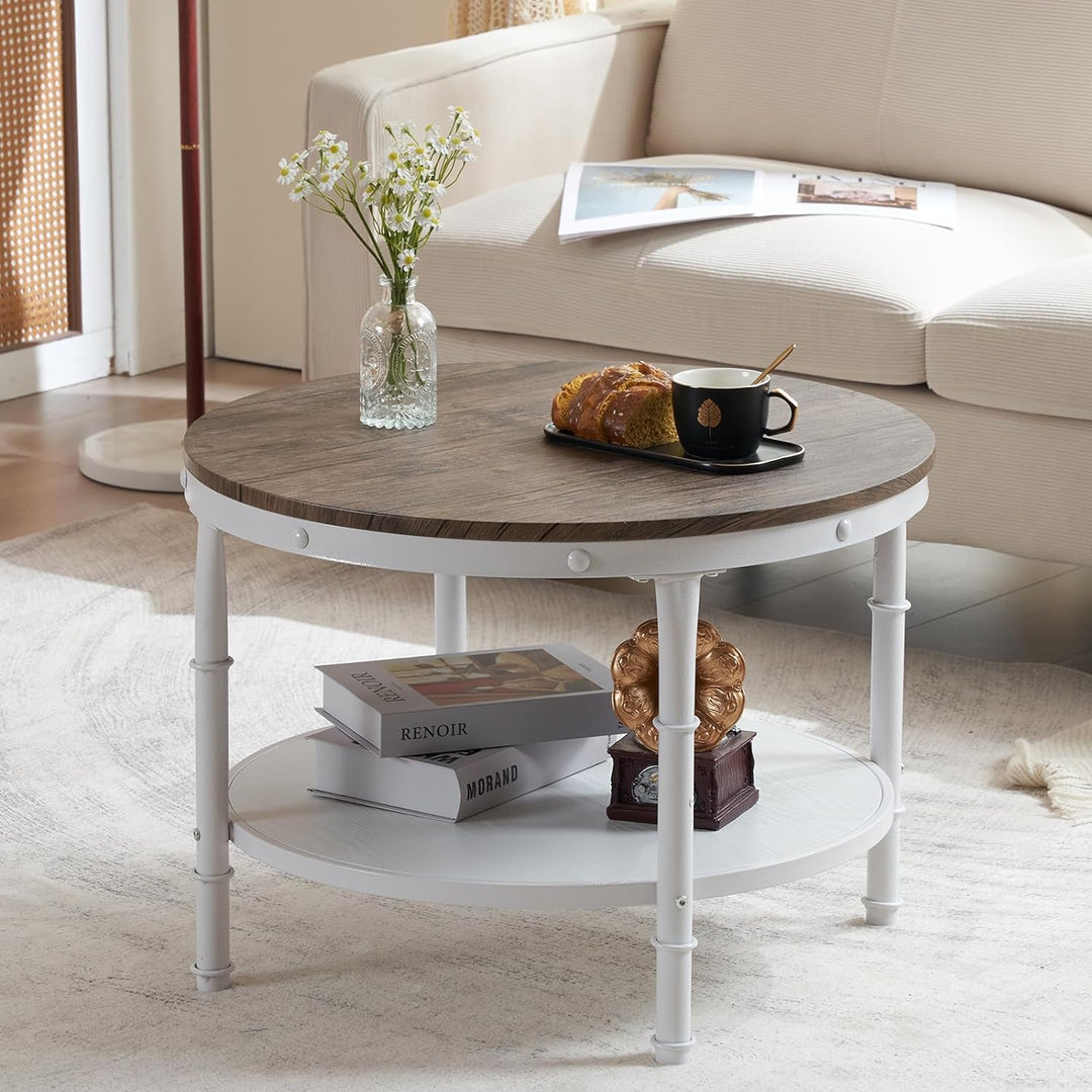 Farmhouse Coffee Table, 2-Tier Storage Wood Center Circle Accent Table, Dark Walnut White