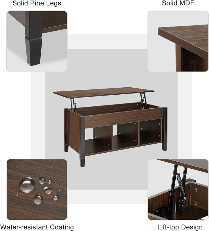 Multifunctional Wood Coffee Table with Hidden Compartment, Espresso