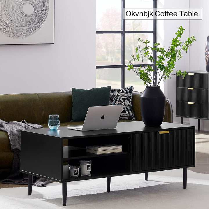 Okvnbjk Modern Black Coffee Table, Waveform Panel, Large Storage