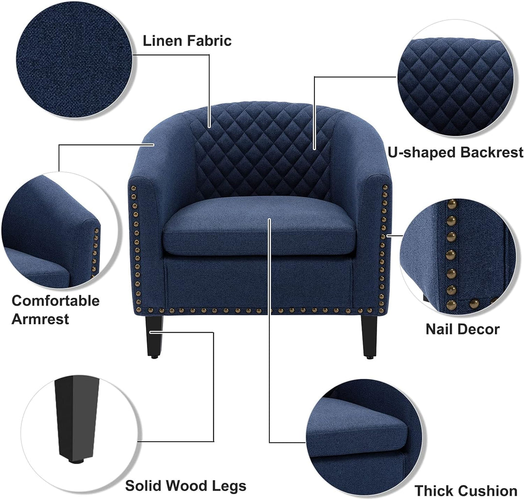 Armchair Barrel Club Chair,Modern PU Leather Accent Chair Arm Club Chair w/Nailheads and Solid Wood Legs,Tub Barrel Style Lounge Chair for Living Room Bedroom Reception Room (Navy-2)