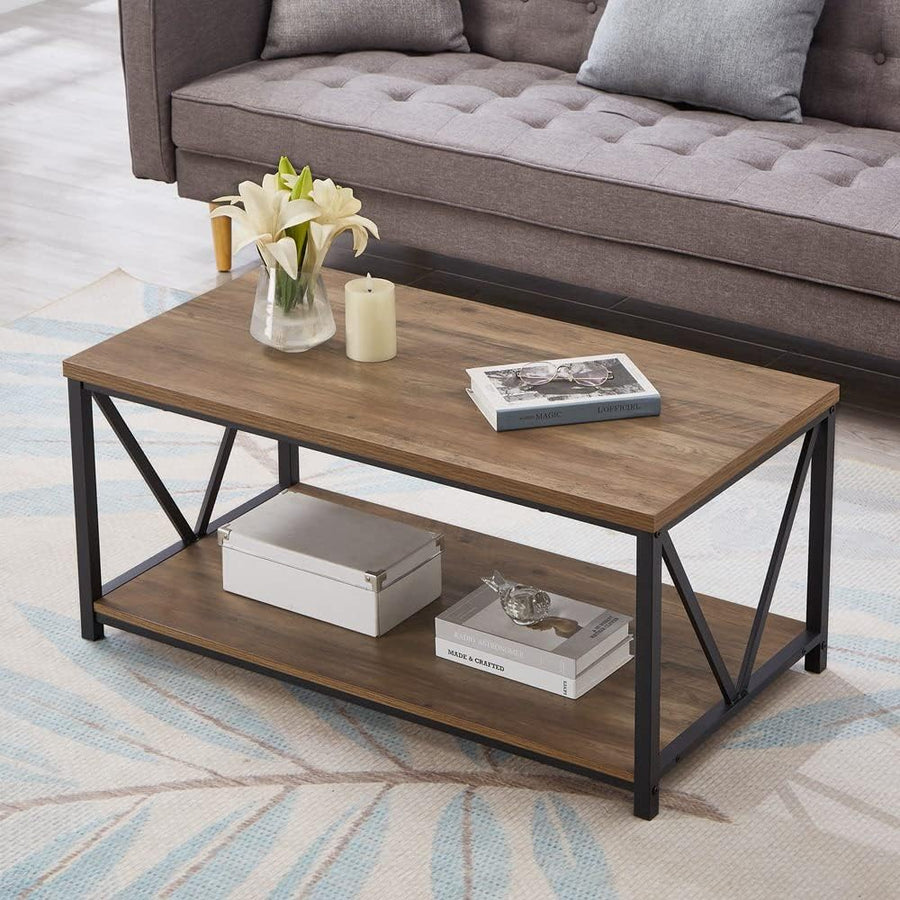 Rustic Coffee Table with Storage Shelf, Vintage Wood and Metal Cocktail Table, Oak