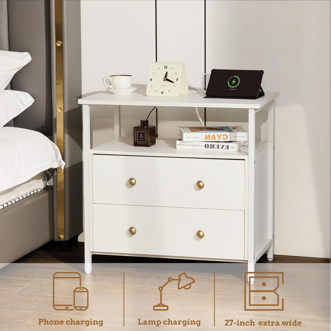 27" Nightstand w/ Charging Station, 2 Drawers, White