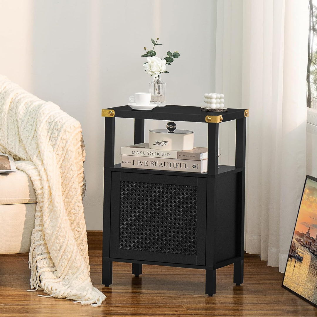 Rattan Nightstand, Side End Table with Storage