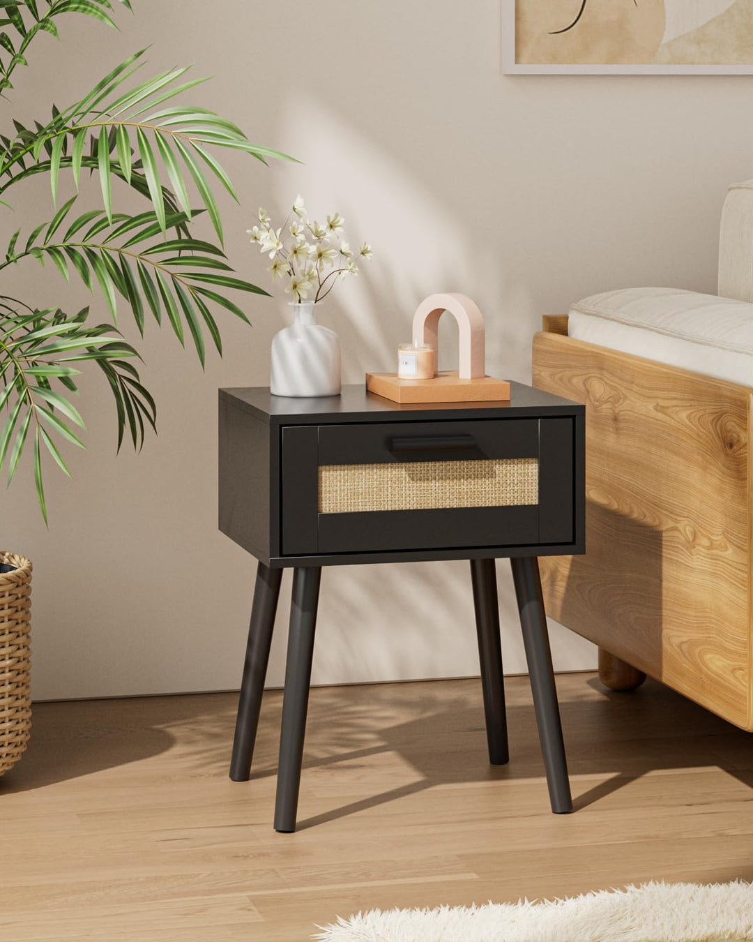 Wooden Nightstands with Rattan Weaving Drawer