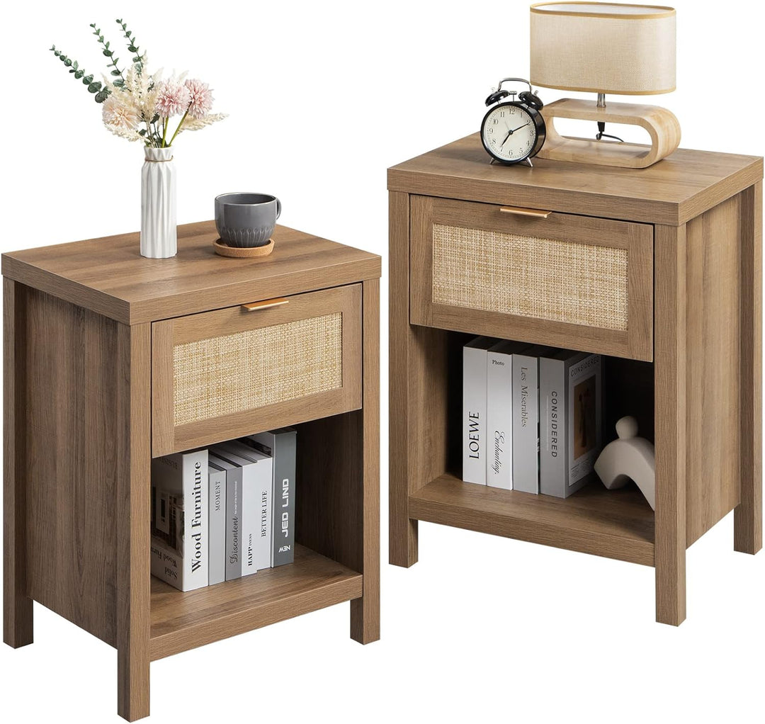 Rattan Nightstand Set of 2 - Farmhouse Night Stand