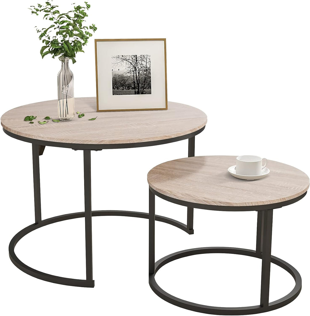 Industrial Round Coffee Table Set, Stacking Side Tables, Black and Teak Oak