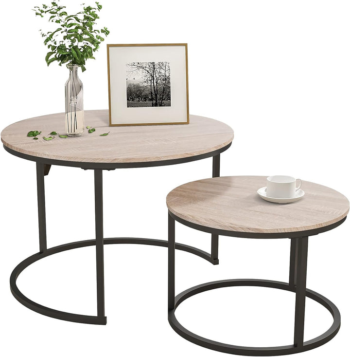 Industrial Round Coffee Table Set, Stacking Side Tables, Black and Teak Oak