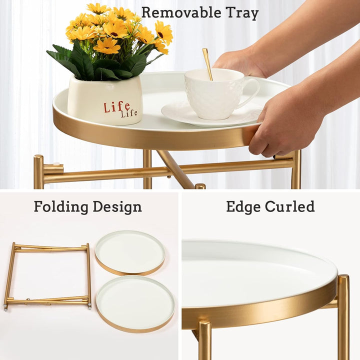 2 Tier Gold Side Table, Folding Round Metal End