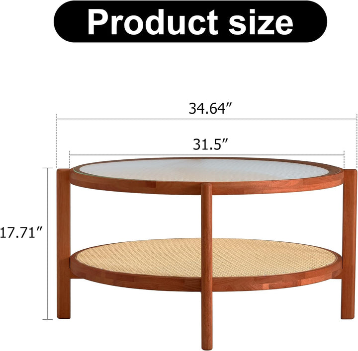 Modern Imitation Rattan Round Coffee Table, 2-Tier Solid Wood Glass Top, E-walnut