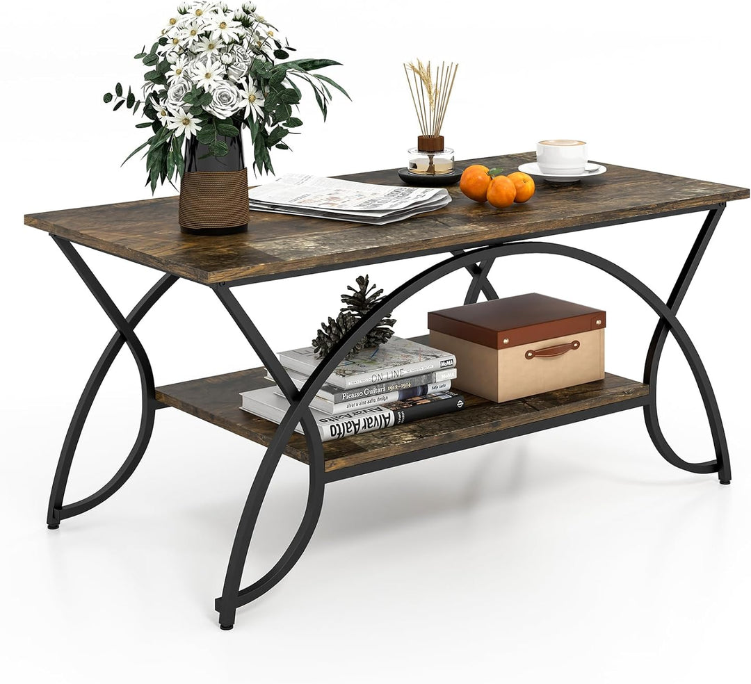 GOFLAME Industrial Coffee Table, Rectangular Center Table, Dark Brown