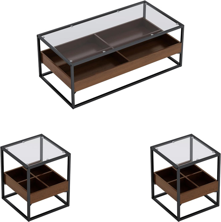 Modern Tempered Glass Coffee & Side Table Set, 3 Pcs, BlackBrown