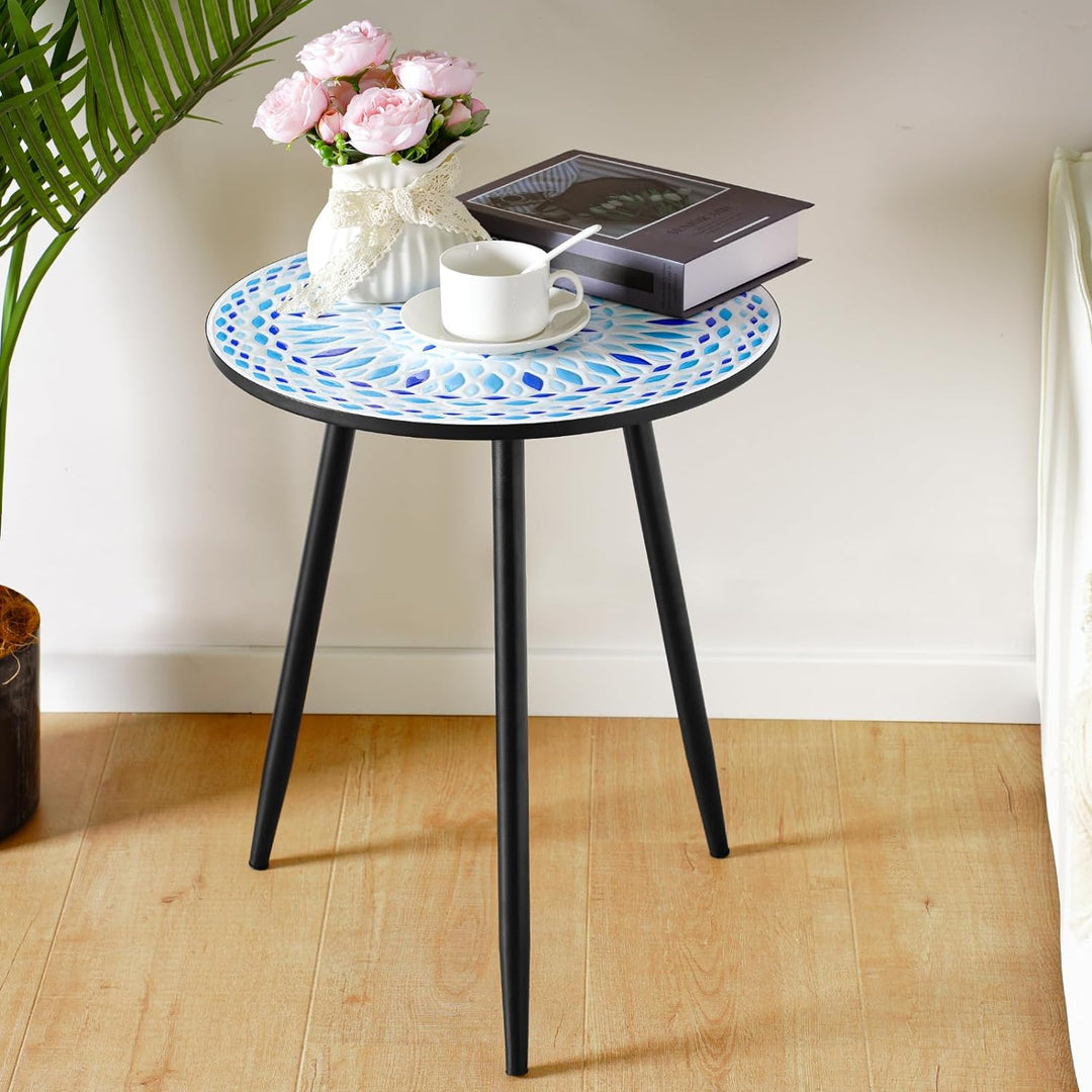 Round Side Table, 16" Ceramic Tile Top, Metal Base