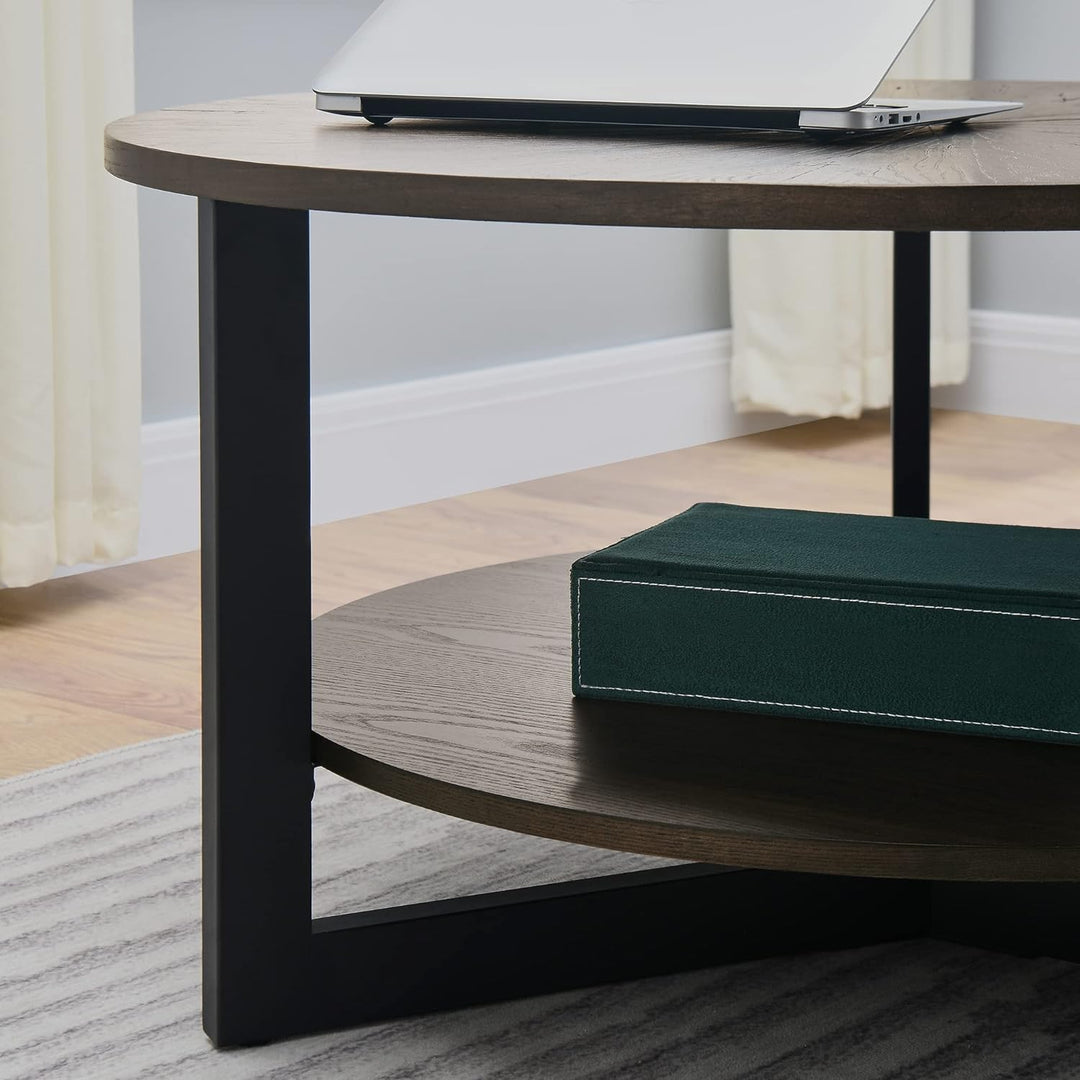 Rustic Round Coffee Table with Storage Shelf, Farmhouse Cocktail Table, Brushed Black