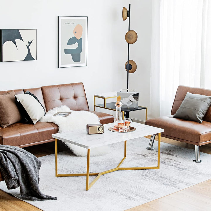 Modern Coffee Table with Faux Marble Top, Golden Legs, White, Golden