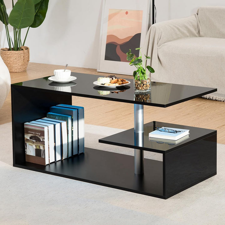 Elegant Modern Coffee Table with LED Lighting, 3-Tier Storage, Black