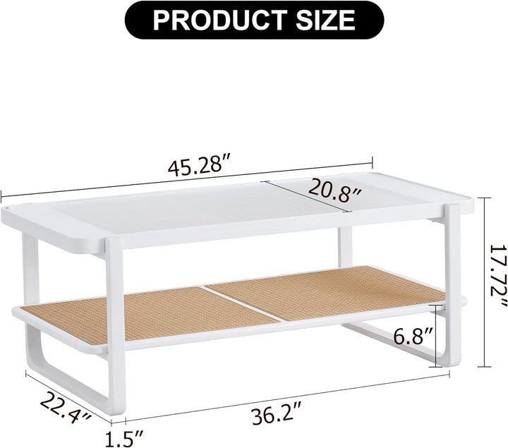 Mid-Century Modern Coffee Table, Ribbed Glass, Rattan Shelf, White