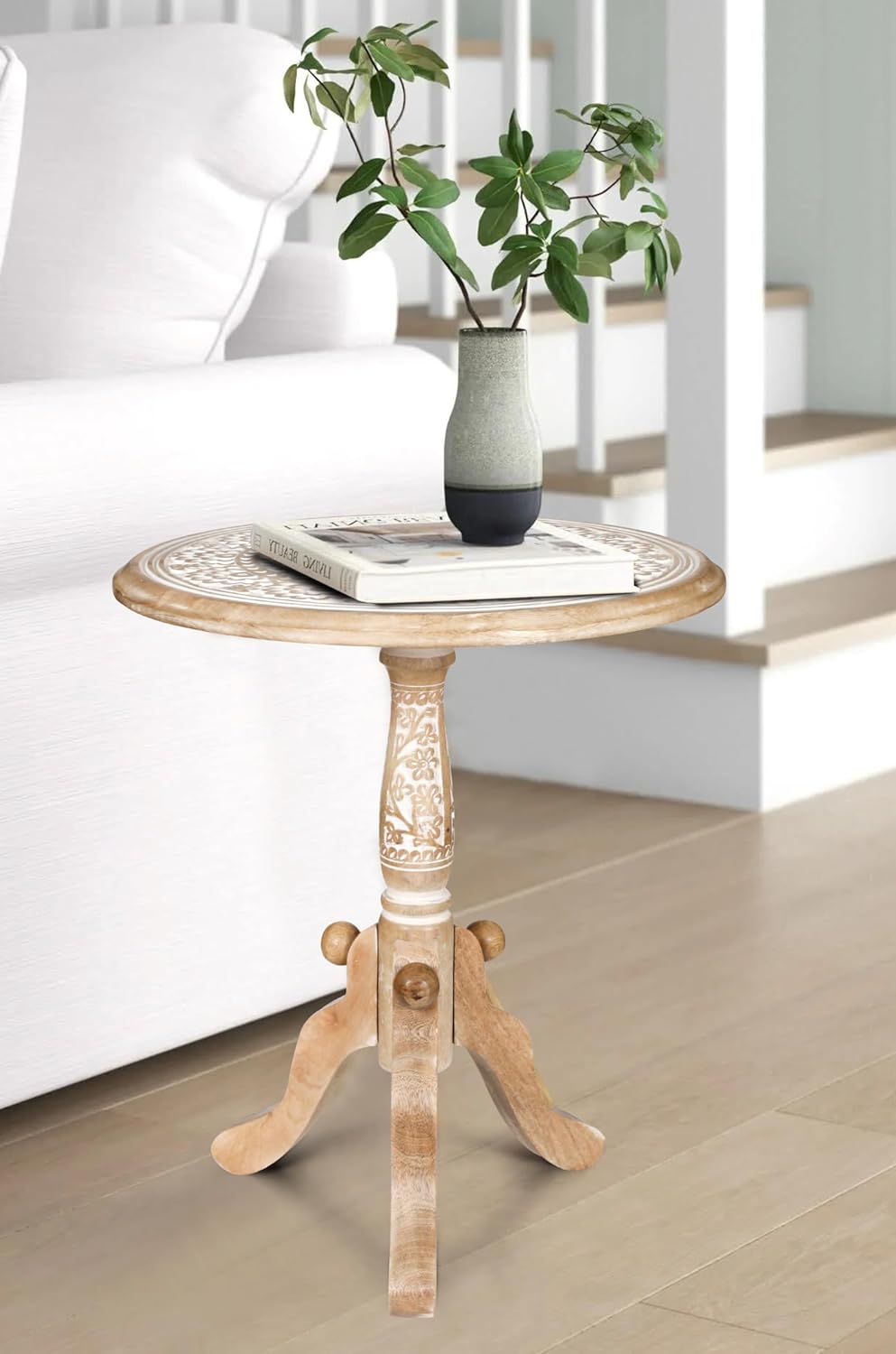 Round End Table, 18x21 Inch, White Wash