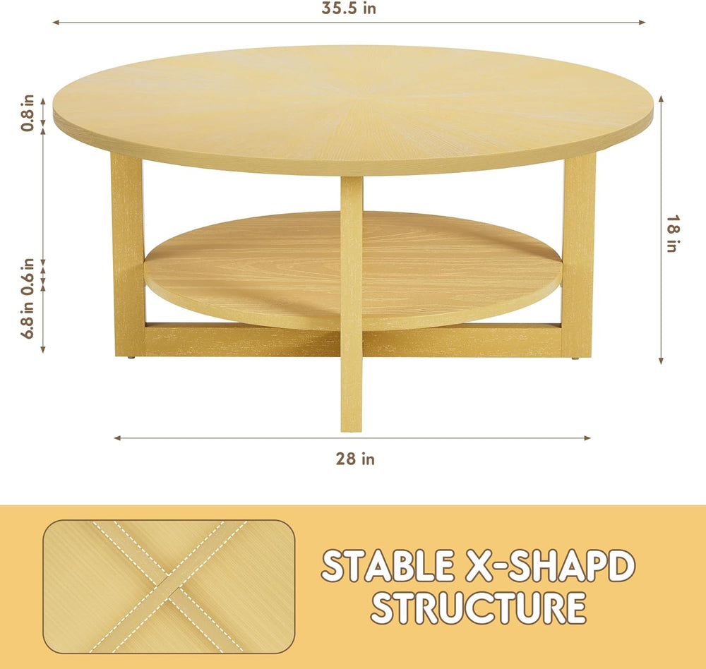 Rustic Farmhouse 2-Tier Wood Coffee Table, Circular Design, Yellow