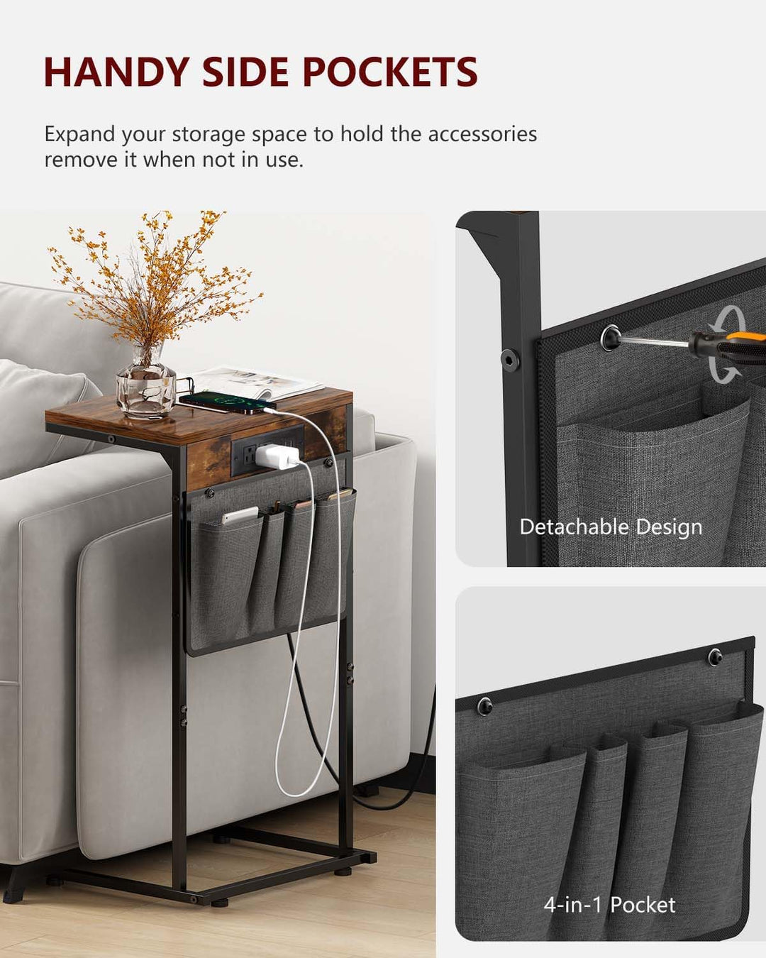 C Shaped End Table Set of 2 w/ Charging Station, Storage