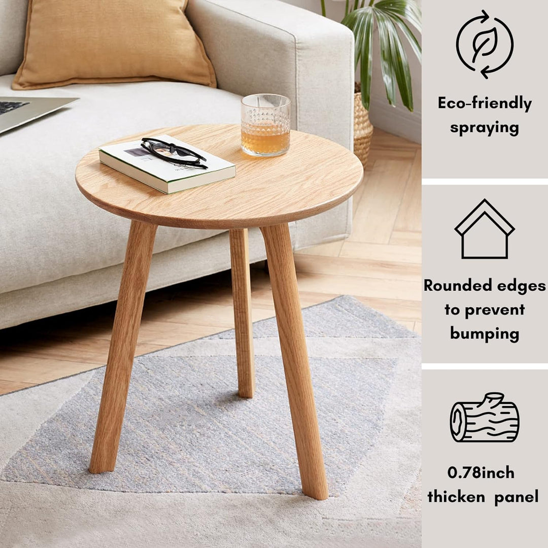 Round End Table - Accent Side Table with 3 Legs, 100 percent Natural Solid Wood for Living Room & Bedroom