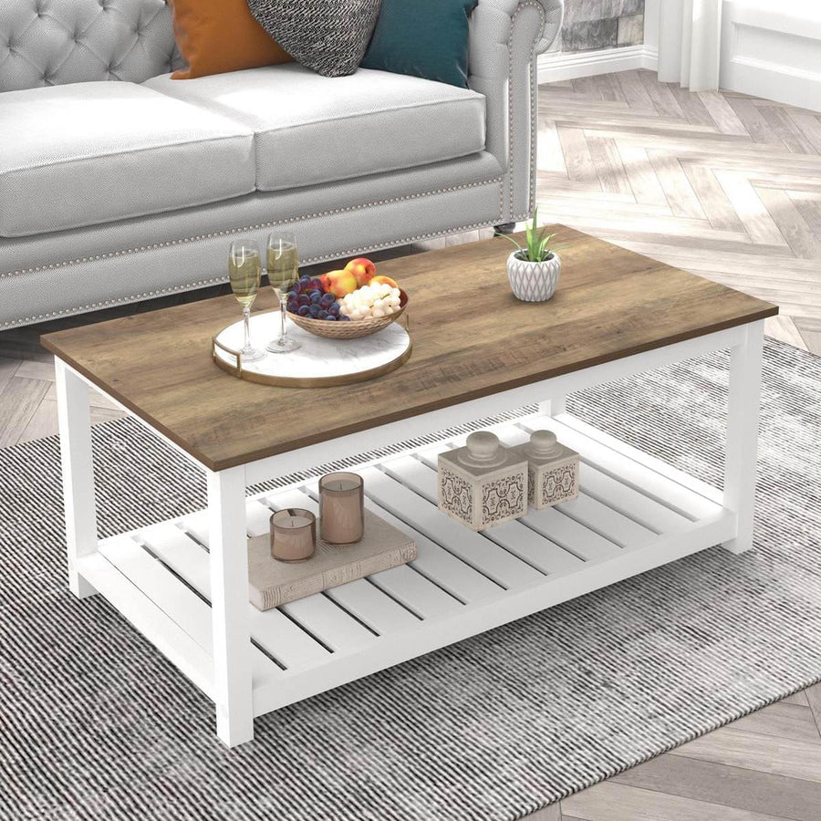 Rustic Farmhouse Coffee Table with Storage Shelf, White