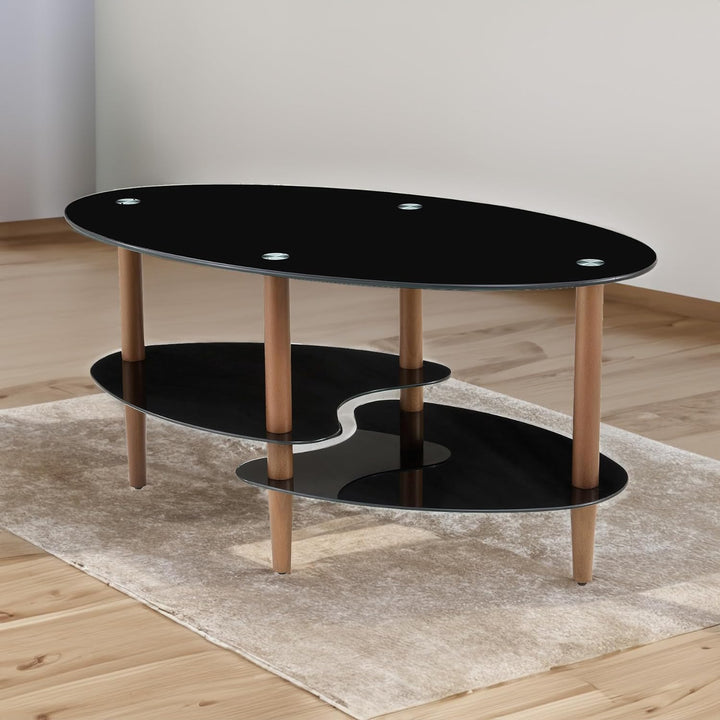 Modern Oval Glass Coffee Table with Oak Wood Legs, Black