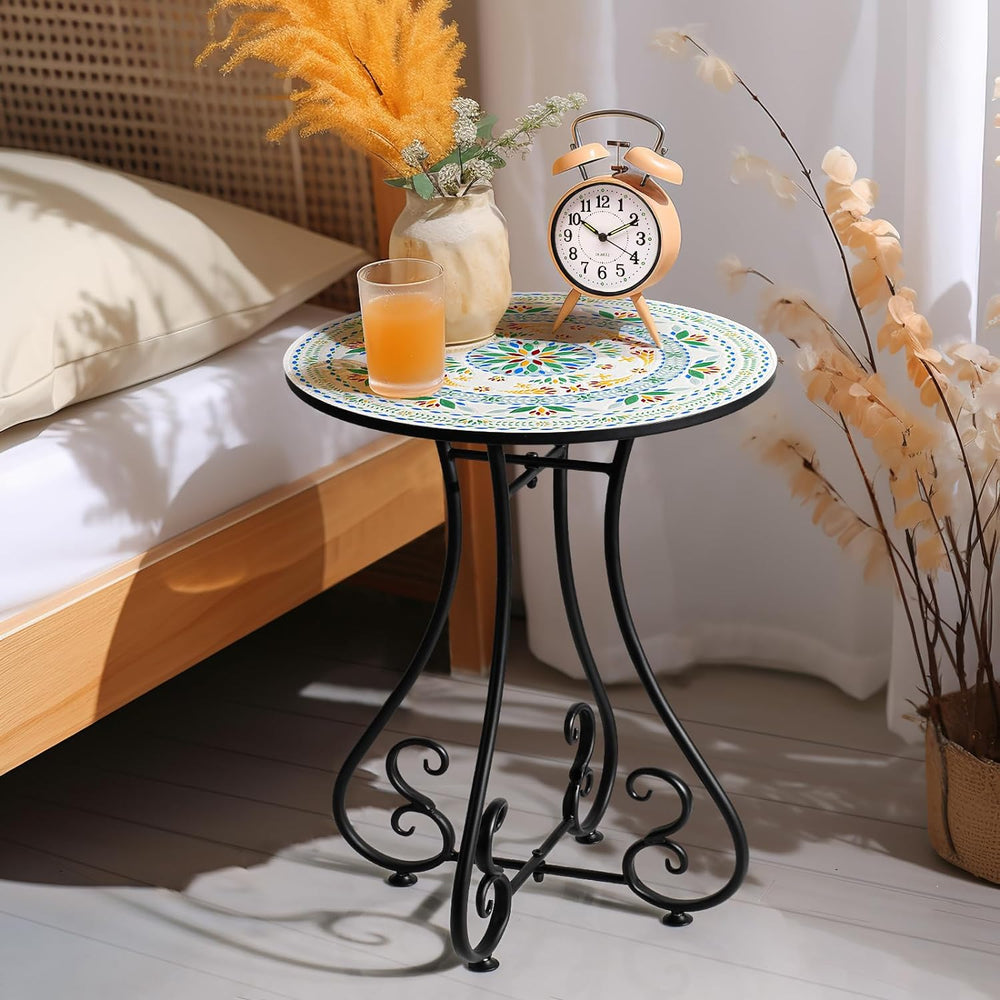 Side Table, 16" Round End Table, Unique Relief Ceramic Tile Tabletop with Metal Frame, Metal Scrollwork Accent Table