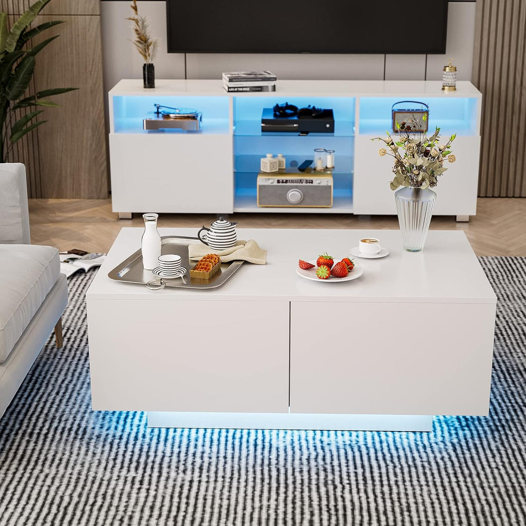 Modern White LED Coffee Table with 4 Drawers, 16 Color Lighting