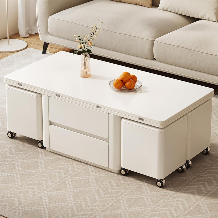 47.24" L Lift Top Coffee Table with 4 Stools, Hidden Storage, White