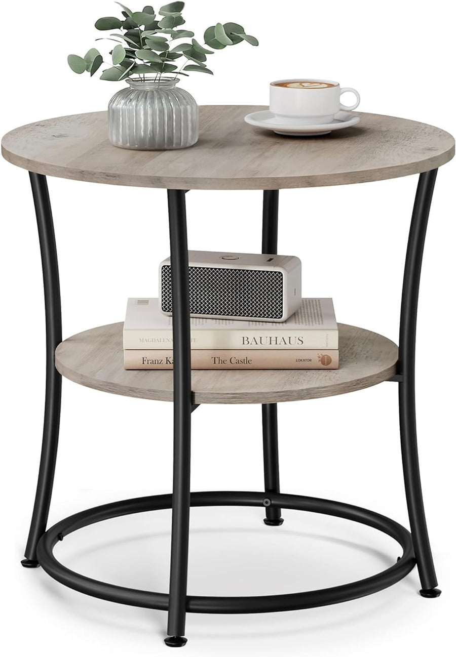 Round End Table 2 Shelves Steel Frame Greige Black