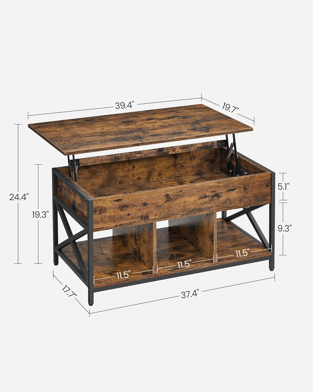 Lift Top Coffee Table with Hidden Storage, Rustic Brown, Black