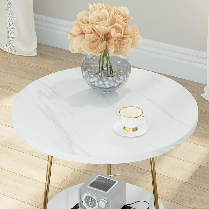 2 Tier Faux Marble End Table, White Gold