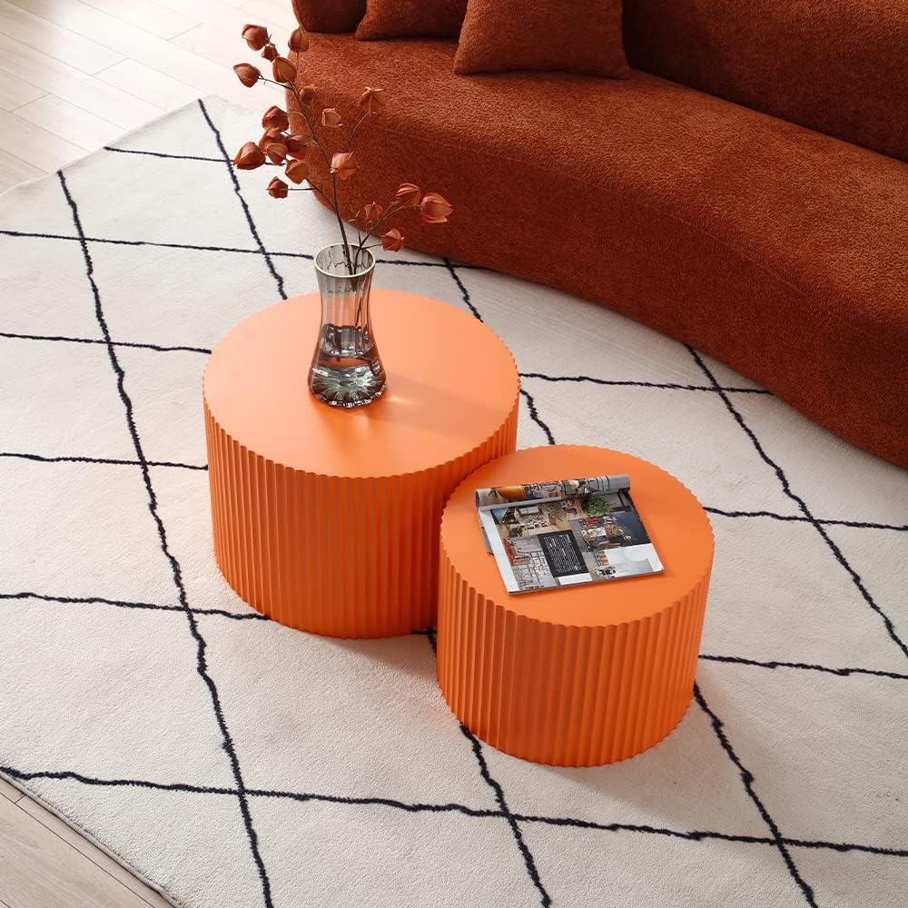 Modern Nesting Coffee Table Set, Round End Table, Wood Side Table, Orange