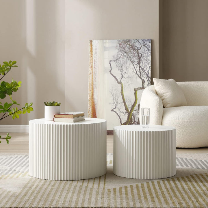 Set of 2 White Round Coffee Tables, Modern Nesting Coffee Table, Round-white-1