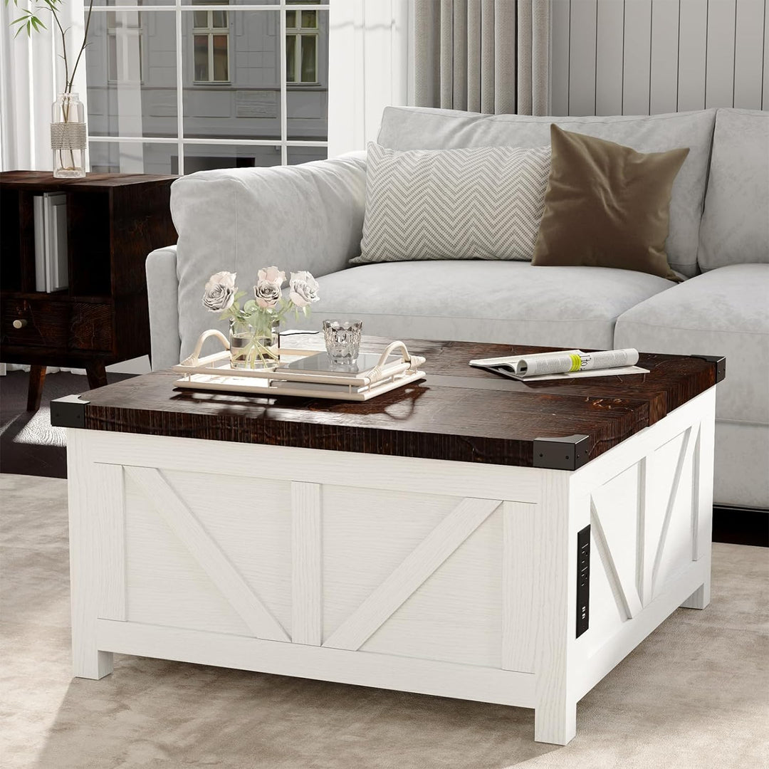 Farmhouse Lift Top Coffee Table with Storage, Wood Square Center Table with Charging Station and USB Ports, Living Room Central Table with Large Hidden Space, White