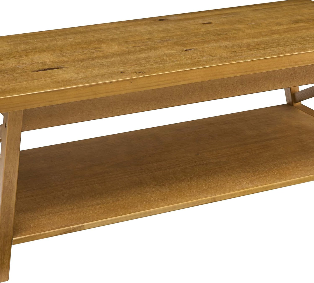 Modern Farmhouse Solid Wood Coffee Table with Storage Shelf, Rustic Oak