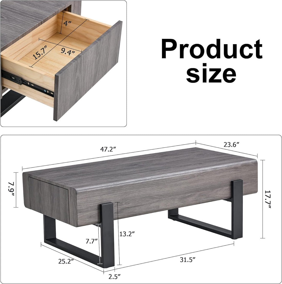 Rustic Wooden Coffee Table w/ Storage Drawer, Grey (Drawer)