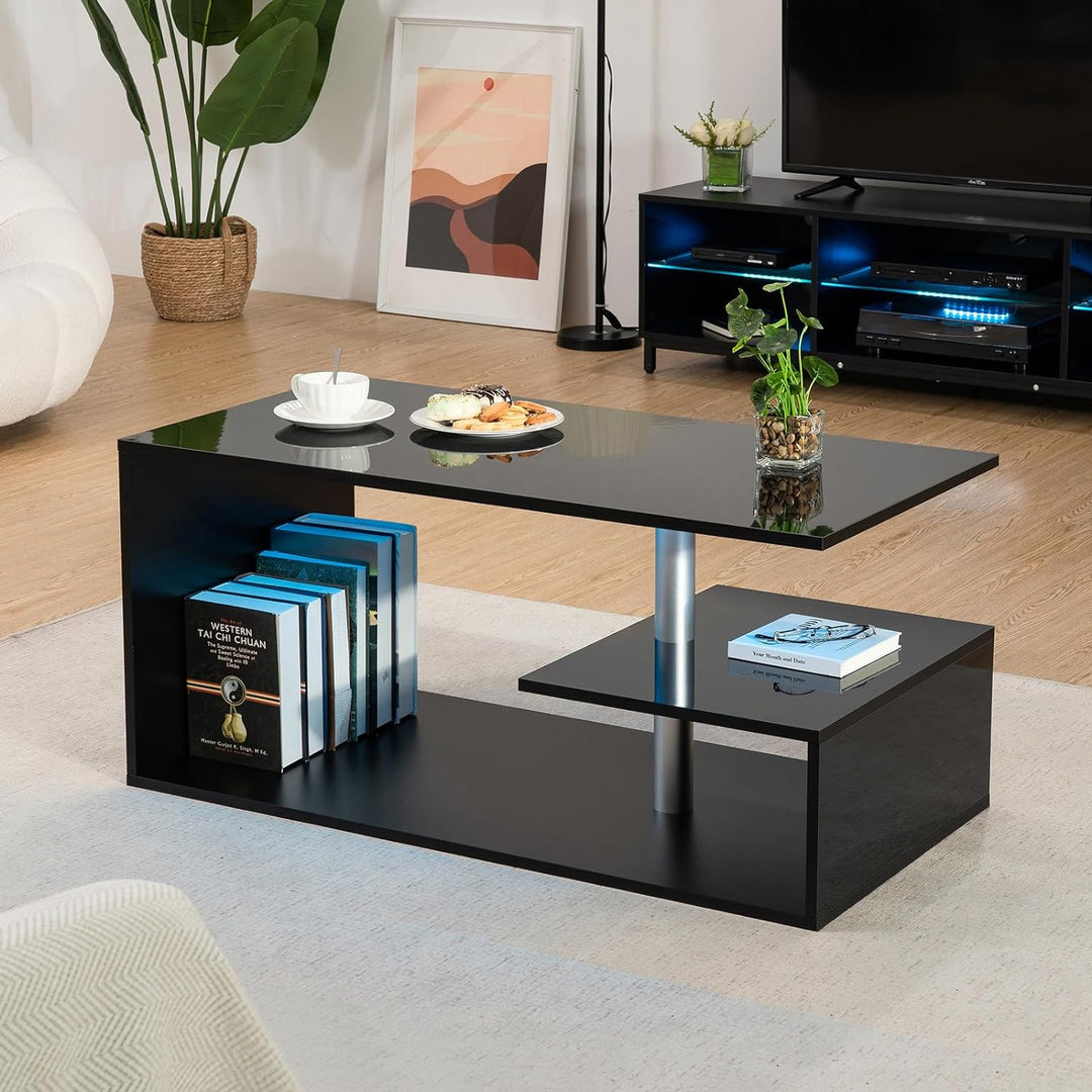 Elegant Modern Coffee Table with LED Lighting, 3-Tier Storage, Black