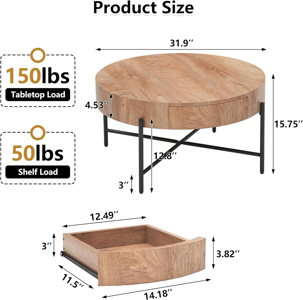 Rustic Round Coffee Table with Drawers, Farmhouse Wood Center Table, Natural