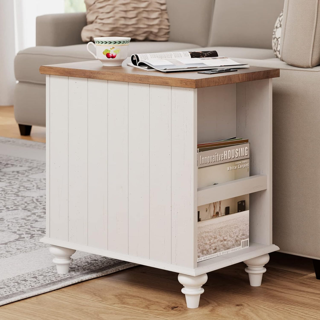 White End Table Charging Station Wood Side Sofa