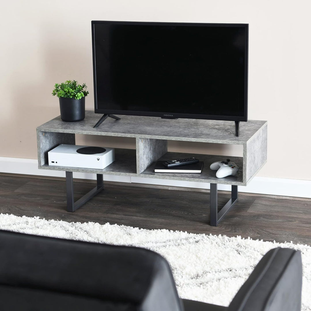 Rustic TV Stand Coffee Table with Storage, Slate Concrete, Black Metal