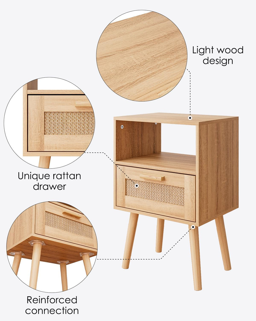 Rattan Nightstand, End Table with Storage for Bedroom