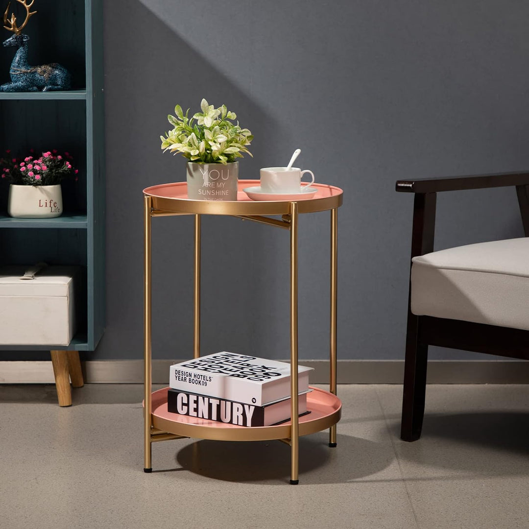 2-Tier Round Metal End Table, Gold&Pink