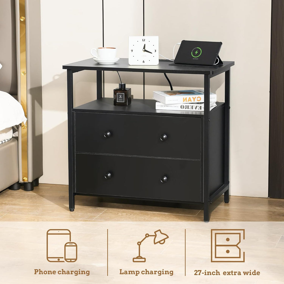 27" Nightstand w/ Charging Station, 2 Drawers, Open Shelf