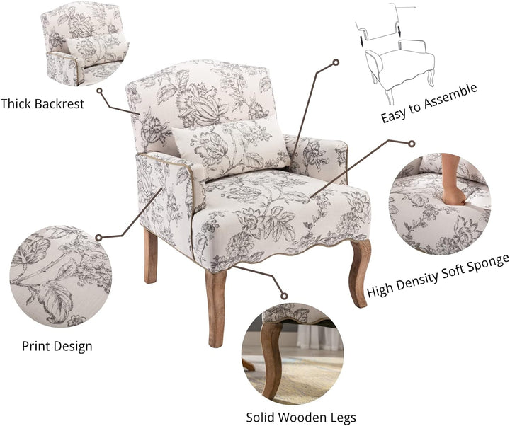 Floral Accent Chair Linen Upholstered Armchair