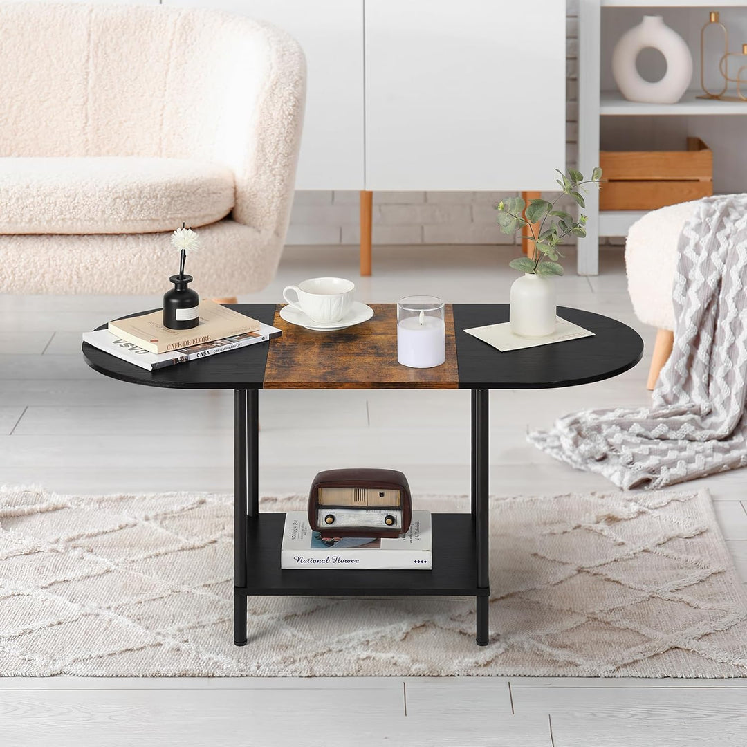 Coffee Tables for Living Room, 2-Tier Small Oval Center Table with Storage Shelf, Industrial Modern Style, Wood Tabletop, Brown & Black