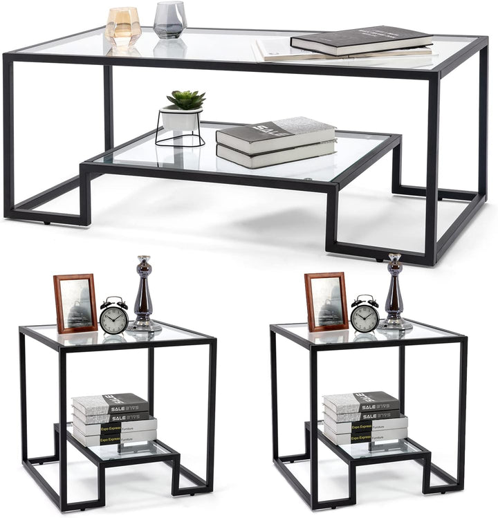 Simple Modern Glass 3-Piece Table Set, Black