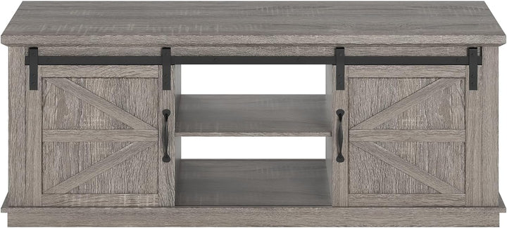 Rustic Farmhouse Coffee Table, Sliding Barn Doors, Adjustable Shelves, Walnut